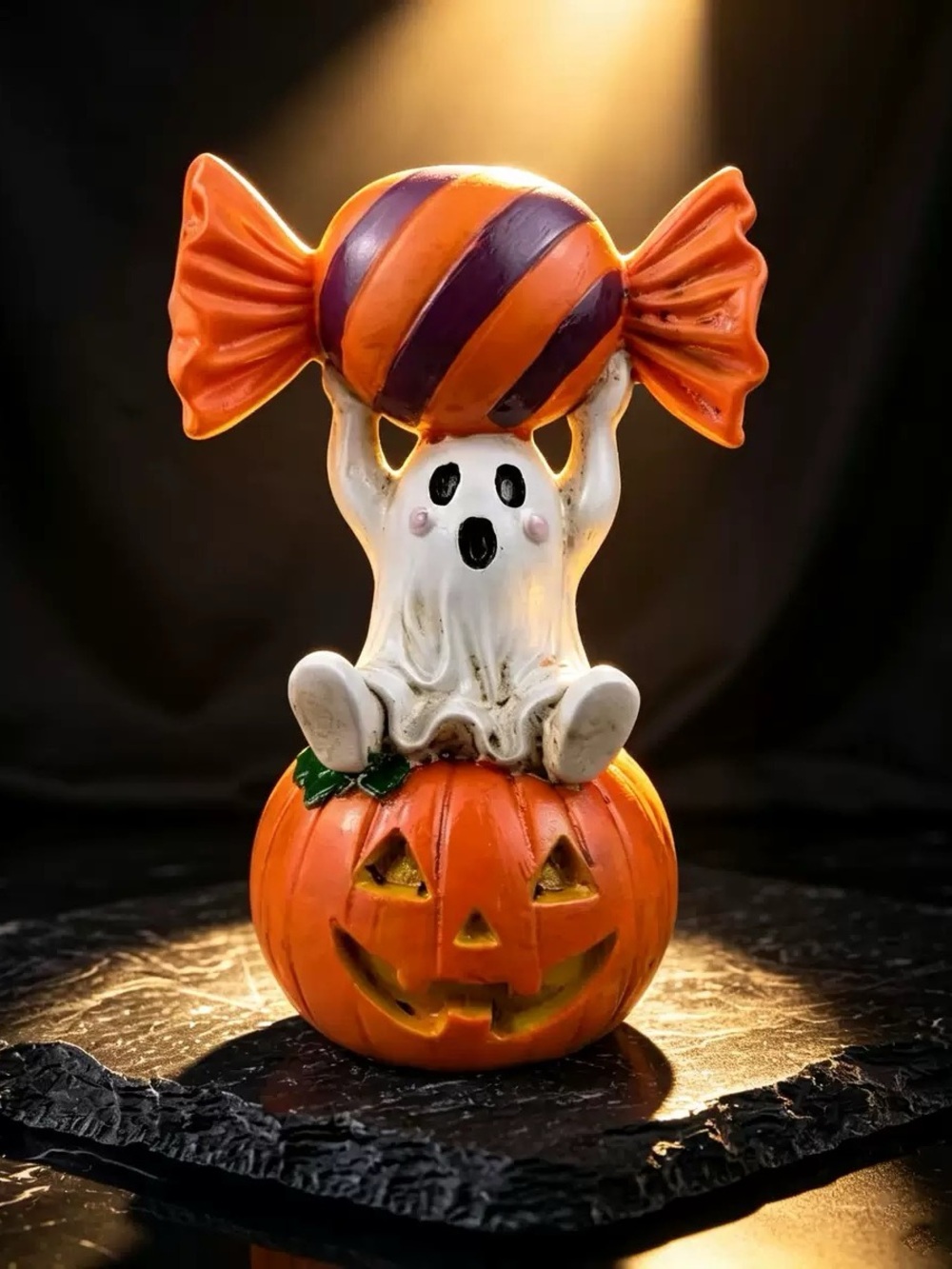 Halloween Ghost on Jack-O'-Lantern Figurine - Orange